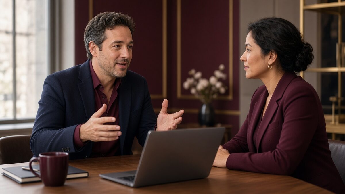Business professionals in a focused one-on-one English conversation