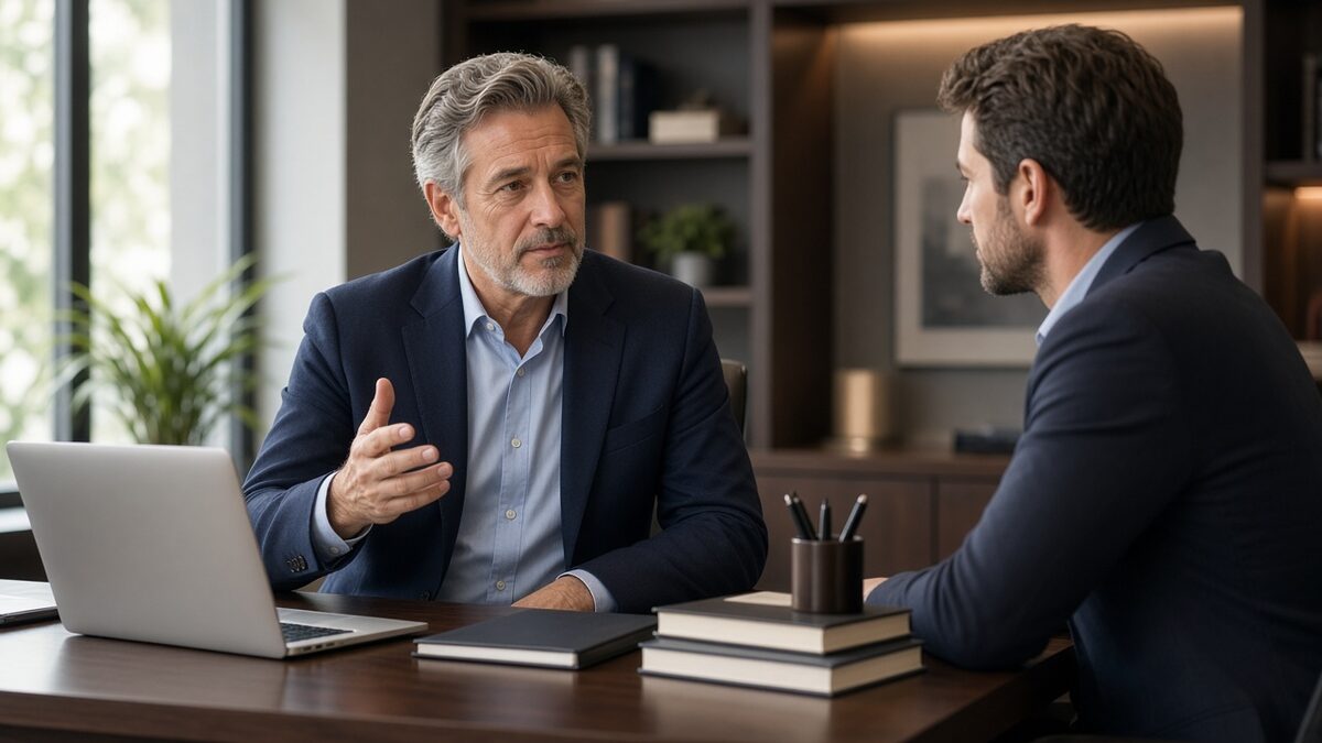 Experienced executive mentoring a professional across a desk