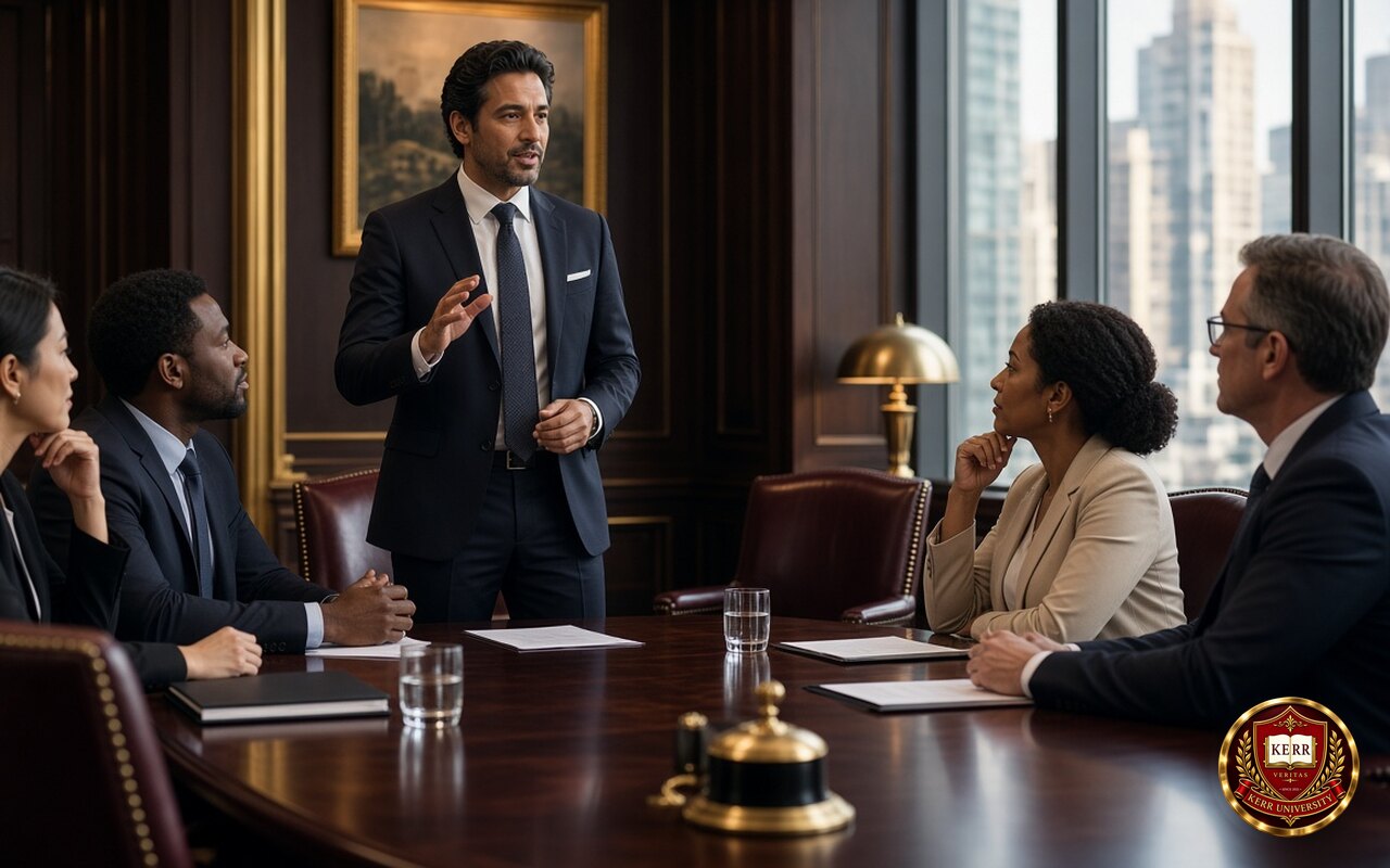 Kerr University Business English session, with an executive presenting to colleagues around a boardroom table
