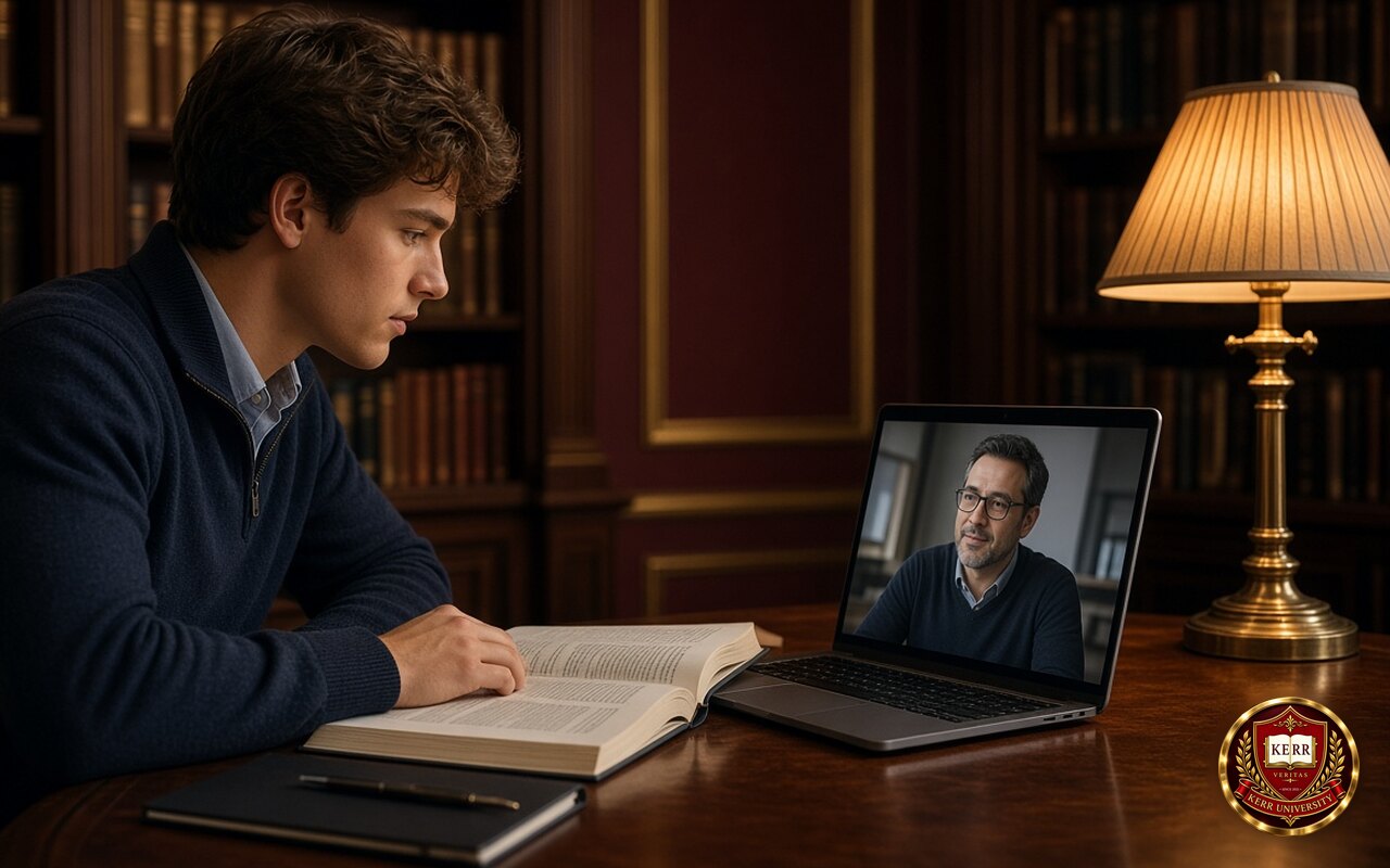 Kerr University college tutoring session, with a student studying a textbook during a video call with his tutor