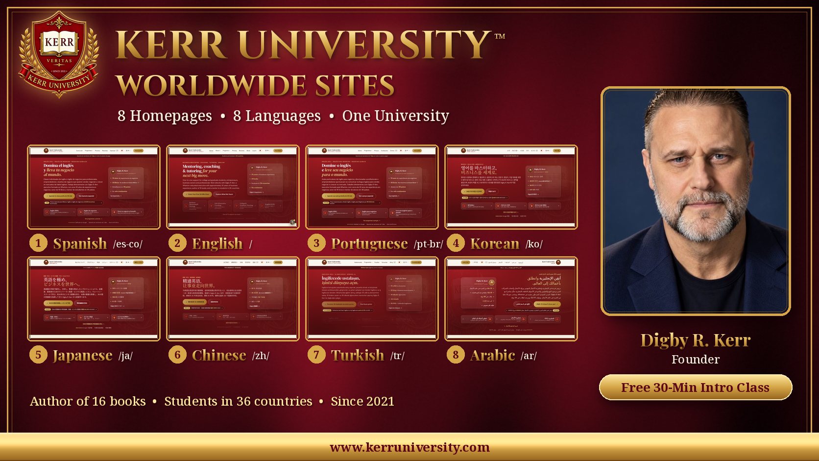 Kerr University™ worldwide sites: our homepage in English, Spanish, Brazilian Portuguese, Turkish, Arabic, Chinese, Korean and Japanese