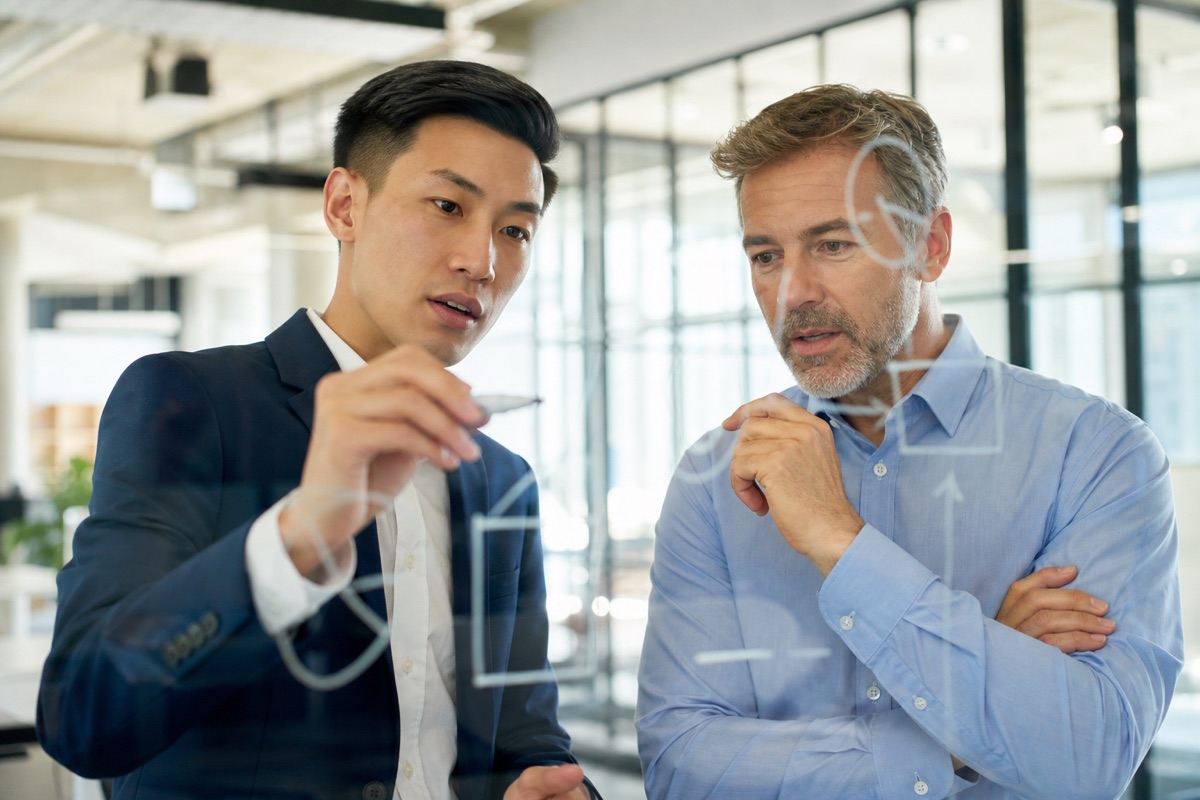 Two professionals reviewing business concepts