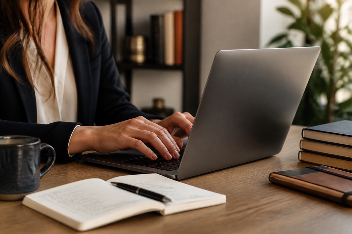 Professional writing an email at a laptop