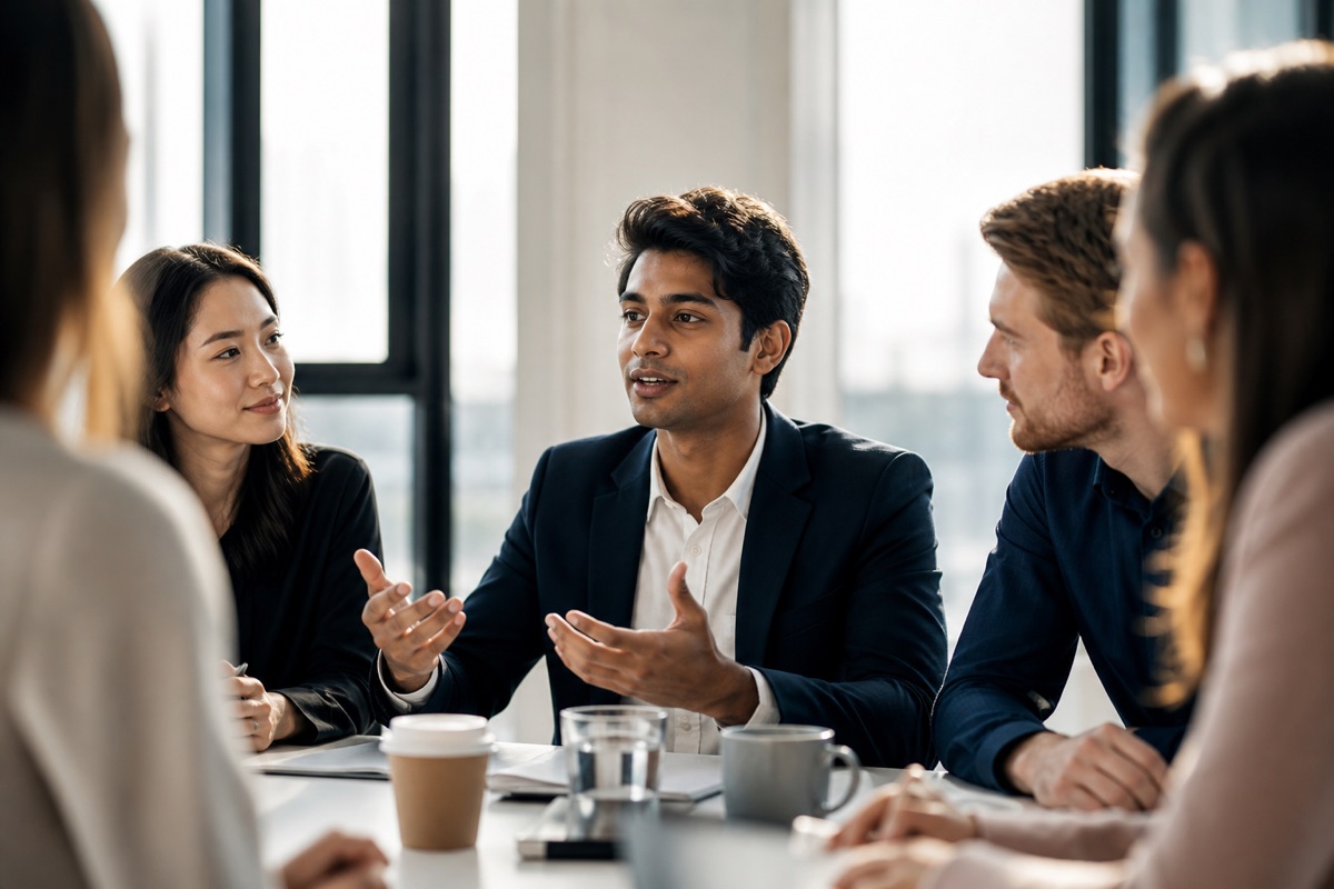 Professionals in a workplace conversation